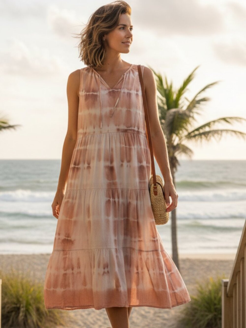 Old Navy Sz XL Flared Tiered Tie-Neck Tie-Dyed Midi Swing Dress Coral Tone White